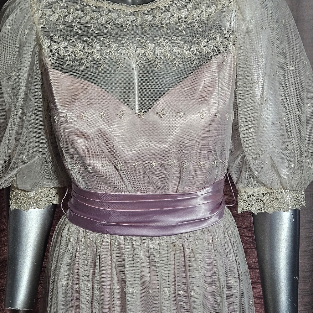 VTG ILGWU Formal Lace Gown Dress elegant sheer embroidered pink Sash bow Size 10